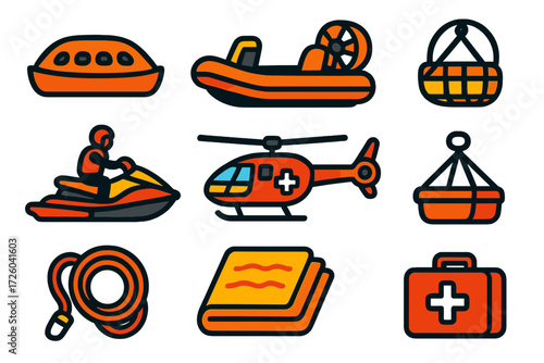Rescue Vehicle Icons. Flat vector icons of rescue boats: lifeboat, rigid inflatable boat, rescue hovercraft, jet ski rescue, SAR