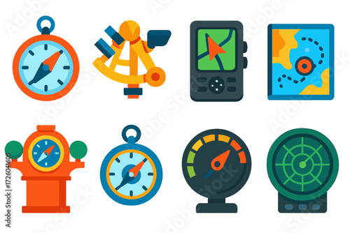 Colorful Navigation Icons. Flat vector icons of navigation instruments: compass, sextant, GPS unit, nautical chart, binnacle,