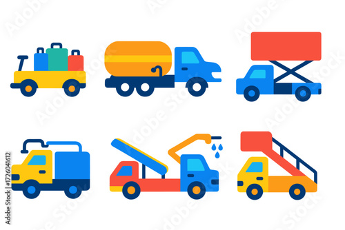 Airport Vehicle Icons. Flat vector icons of airport ground vehicles: baggage cart, fuel truck, pushback tug, catering truck,