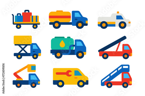 Airport Vehicle Icons. Flat vector icons of airport ground vehicles: baggage cart, fuel truck, pushback tug, catering truck,