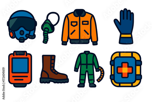 Aviation Gear Icons. Flat vector icons of flight suits and gear: pilot helmet, oxygen mask, flight jacket, gloves, kneeboard,