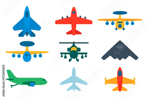 Military Aircraft Icons. Flat vector icons of military aircraft types: fighter jet, bomber, transport plane, AWACS, attack