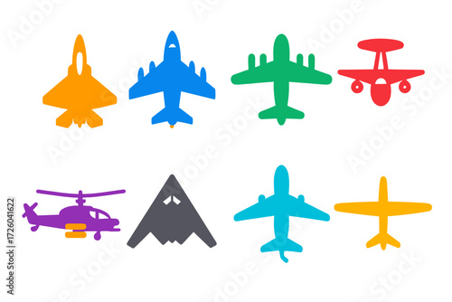 Military Aircraft Icons. Flat vector icons of military aircraft types: fighter jet, bomber, transport plane, AWACS, attack