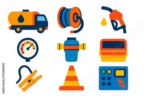 Fuel Truck Icons. Flat vector icons of refueling trucks: tanker truck, hose reel, nozzle, pressure gauge, filter unit, spill