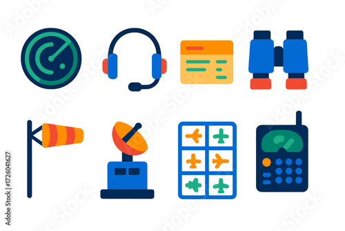 Air Traffic Control Icons. Flat vector icons of air traffic control equipment: radar screen, microphone headset, flight strip,
