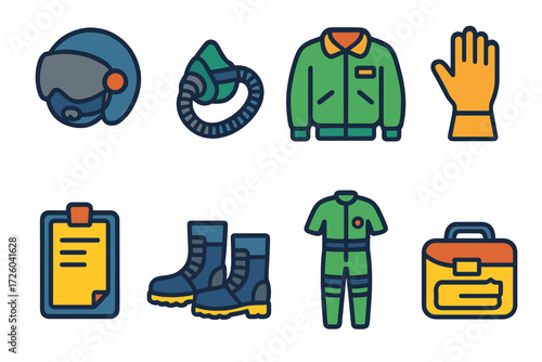 Aviation Gear Icons. Flat vector icons of flight suits and gear: pilot helmet, oxygen mask, flight jacket, gloves, kneeboard,