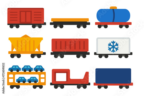 Colorful Freight Icons. Flat vector icons of freight car types: boxcar, flatcar, tank car, hopper car, gondola car, refrigerated