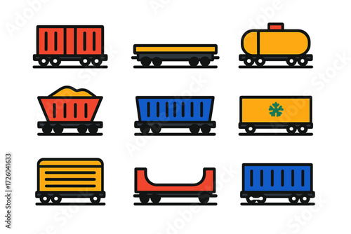 Colorful Freight Icons. Flat vector icons of freight car types: boxcar, flatcar, tank car, hopper car, gondola car, refrigerated