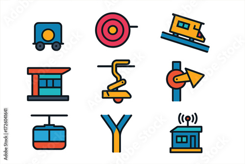 Funicular Railway Icons. Flat vector icons of funicular railway: counterweight car, cable drum, slope track, station terminal,