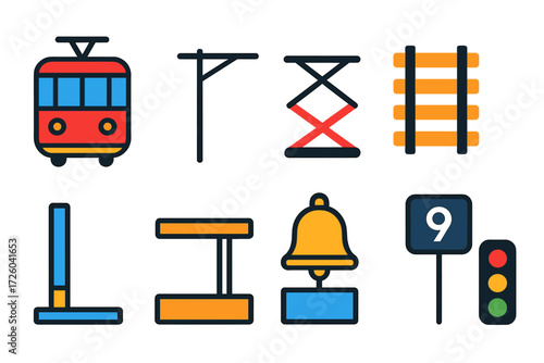 Modern Tram Icons. Flat vector icons of tram elements: tram car, overhead wire, pantograph, rail track, station curb, boarding