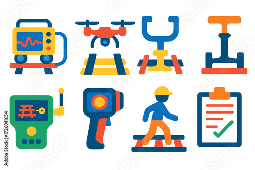 Track Inspection Icons. Flat vector icons of track inspection: ultrasonic tester, drone survey, sleeper integrity gauge, rail