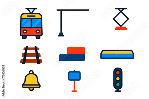 Modern Tram Icons. Flat vector icons of tram elements: tram car, overhead wire, pantograph, rail track, station curb, boarding