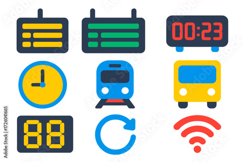 Bright Transport Icons. Flat vector icons of real-time displays: departure board, arrival board, countdown timer, clock face,