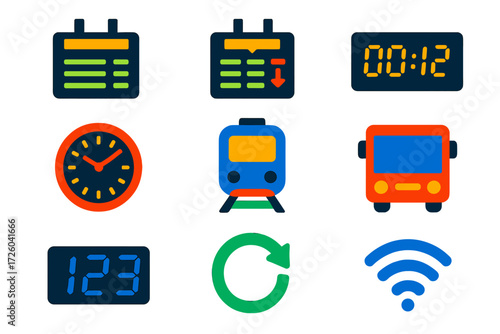 Bright Transport Icons. Flat vector icons of real-time displays: departure board, arrival board, countdown timer, clock face,