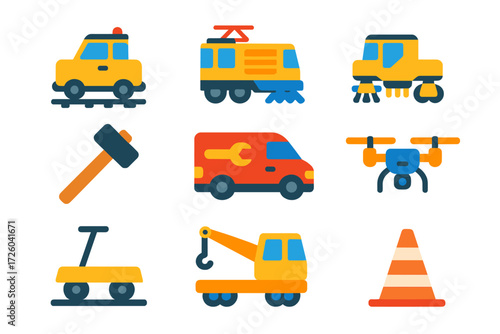 Maintenance Vehicle Icons. Flat vector icons of maintenance vehicles: track inspection car, rail grinder, ballast tamper, spike