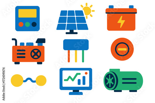 Microgrid Icon Set. Flat vector icons of microgrid: microgrid controller, solar array, battery bank, diesel genset, load bus,