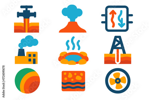 Geothermal Energy Icons. Flat vector icons of geothermal energy: geothermal well, steam vent, heat exchanger, geothermal plant,