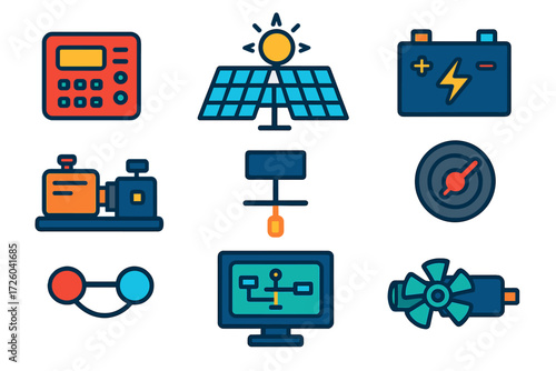 Microgrid Icon Set. Flat vector icons of microgrid: microgrid controller, solar array, battery bank, diesel genset, load bus,