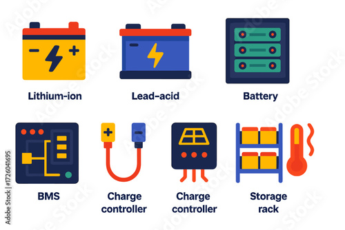 Bright Battery Icons. Flat vector icons of solar battery storage: lithium-ion battery, lead-acid battery, battery module, battery