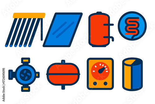 Solar Heating Icons. Flat vector icons of solar water heating: evacuated tube, flat-plate collector, storage tank, heat exchanger