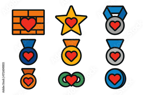 Donor Recognition Icons. Flat vector icons of donor recognition: wall of honor, donor star, platinum donor, gold donor, silver