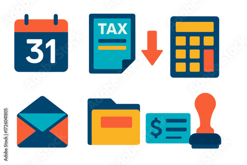 Tax-Time Flat Icons. Flat vector icons of tax-time giving: calendar with 31, tax form, calculator, deduction arrow, envelope mail,