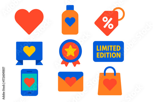 Cause Marketing Icons. Flat vector icons of cause marketing: heart logo, product tie-in, percentage of sales, campaign banner,