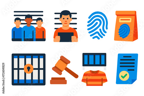 Criminal Law Icons. Flat vector icons of criminal law: police line-up, mugshot, fingerprint, evidence bag, jail cell, trial gavel,