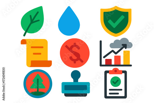 Environmental Law Icons. Flat vector icons of environmental law: leaf icon, water droplet, compliance shield, regulation scroll,
