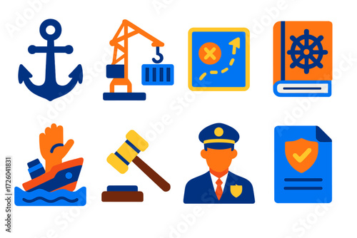 Maritime Law Icons. Flat vector icons of maritime law: ship anchor, harbor crane, sea chart, ship’s log, salvage claim, maritime