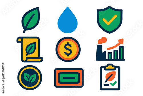 Environmental Law Icons. Flat vector icons of environmental law: leaf icon, water droplet, compliance shield, regulation scroll,