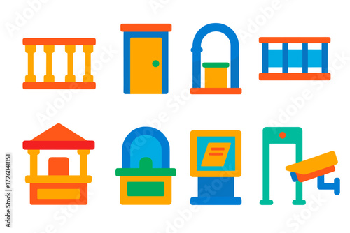 Courtroom Icons Set. Flat vector icons of courtroom architecture: dock railing, public gallery door, witness box arch, jury box