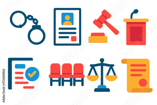 Criminal Procedure Icons. Flat vector icons of criminal procedure steps: arrest handcuffs, booking form, bail hearing gavel,