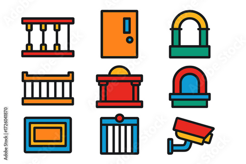 Courtroom Icons Set. Flat vector icons of courtroom architecture: dock railing, public gallery door, witness box arch, jury box