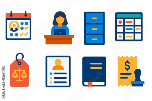 Court Administration Icons. Flat vector icons of court administration: judge’s calendar, docket clerk, file cabinet, scheduling