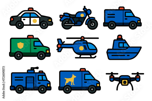 Police Vehicle Icons. Flat vector icons of police vehicles: patrol car, motorcycle, SWAT van, armored truck, helicopter, boat,