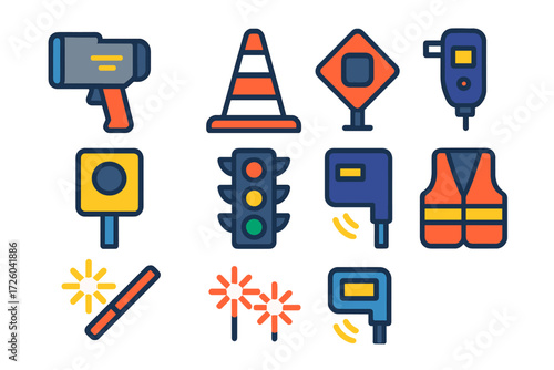 Traffic Enforcement Icons. Flat vector icons of traffic enforcement: speed radar, traffic cone, DUI checkpoint sign, breathalyzer,