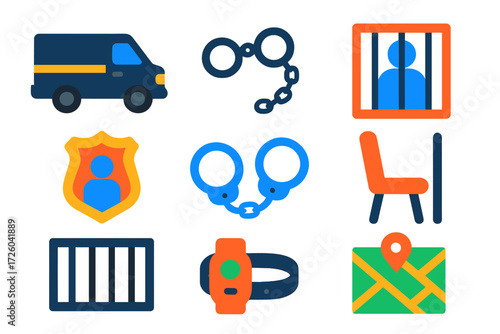 Prisoner Transport Icons. Flat vector icons of prisoner transport: prisoner van, leg irons, secure cage, escort badge, handcuffs,