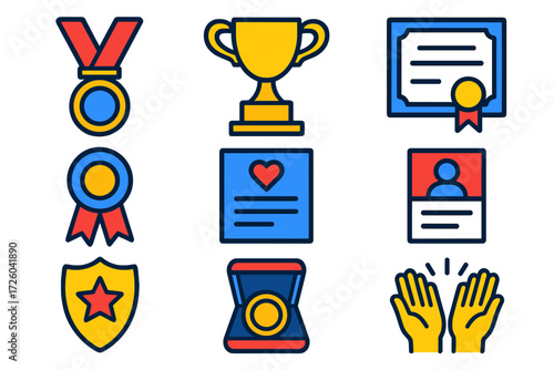Vibrant Award Icons. Flat vector icons of awards and commendations: medal, trophy, certificate, ribbon, commendation letter,