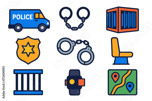 Prisoner Transport Icons. Flat vector icons of prisoner transport: prisoner van, leg irons, secure cage, escort badge, handcuffs,