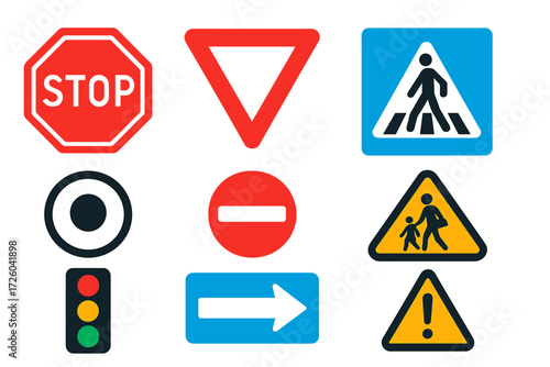 Vibrant Road Signs. Flat vector icons of road safety signs: stop sign, yield sign, pedestrian crossing, speed limit sign, no entry