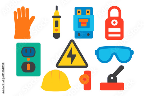Electrical Safety Icons. Flat vector icons of electrical safety tools: insulated gloves, voltage tester, circuit breaker, lockout