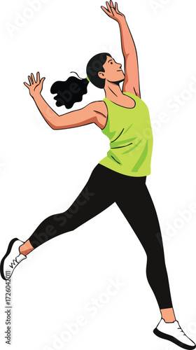 Active woman jumping in black leggings and green top fitness exercise illustration for healthy lifestyle activity and movement 