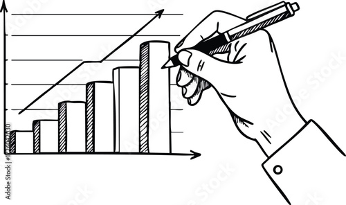 Hand drawing growing bar chart with pen for business and finance visualization vector illustration 