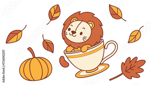Vector illustration of a Funny Lion with sitting in a teacup ride, styled in a Autumn theme using Autumn Leaves colors