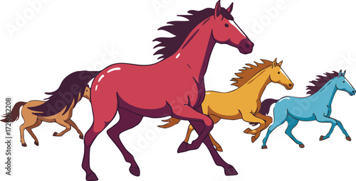 Running wild horses in different colors galloping together in dynamic motion vector illustration 