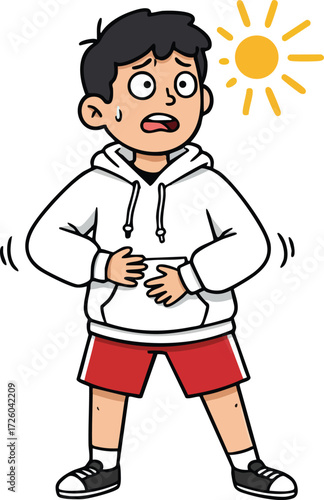 Boy Holding Stomach in Pain Wearing Hoodie and Shorts Under Sunlight Vector Illustration for Health and Summer Awareness 