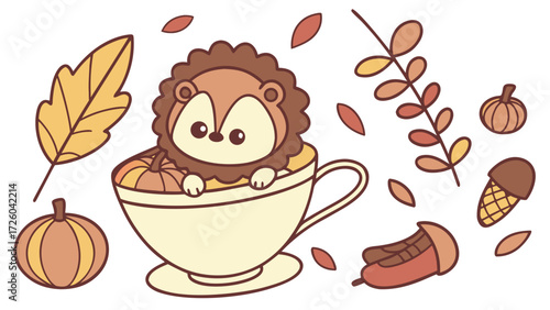 Playful Surprised Lion design, styled with in a teacup and Autumn Leaves shades in a Autumn setting