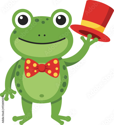 Frog cartoon character holding red top hat with yellow band and wearing red bow tie with yellow dots vector illustration 