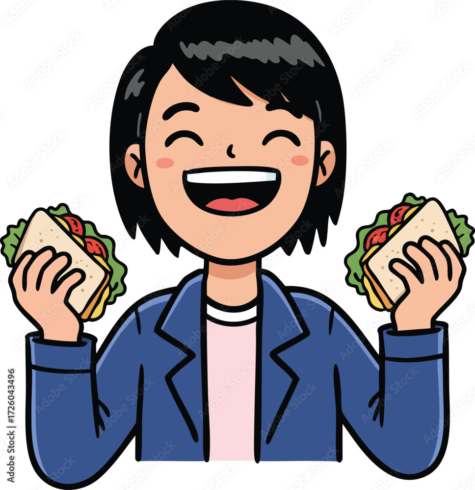 Obraz premium Happy woman holding two sandwiches enjoying fresh delicious food in casual wear smiling cheerful expression vector illustration 
